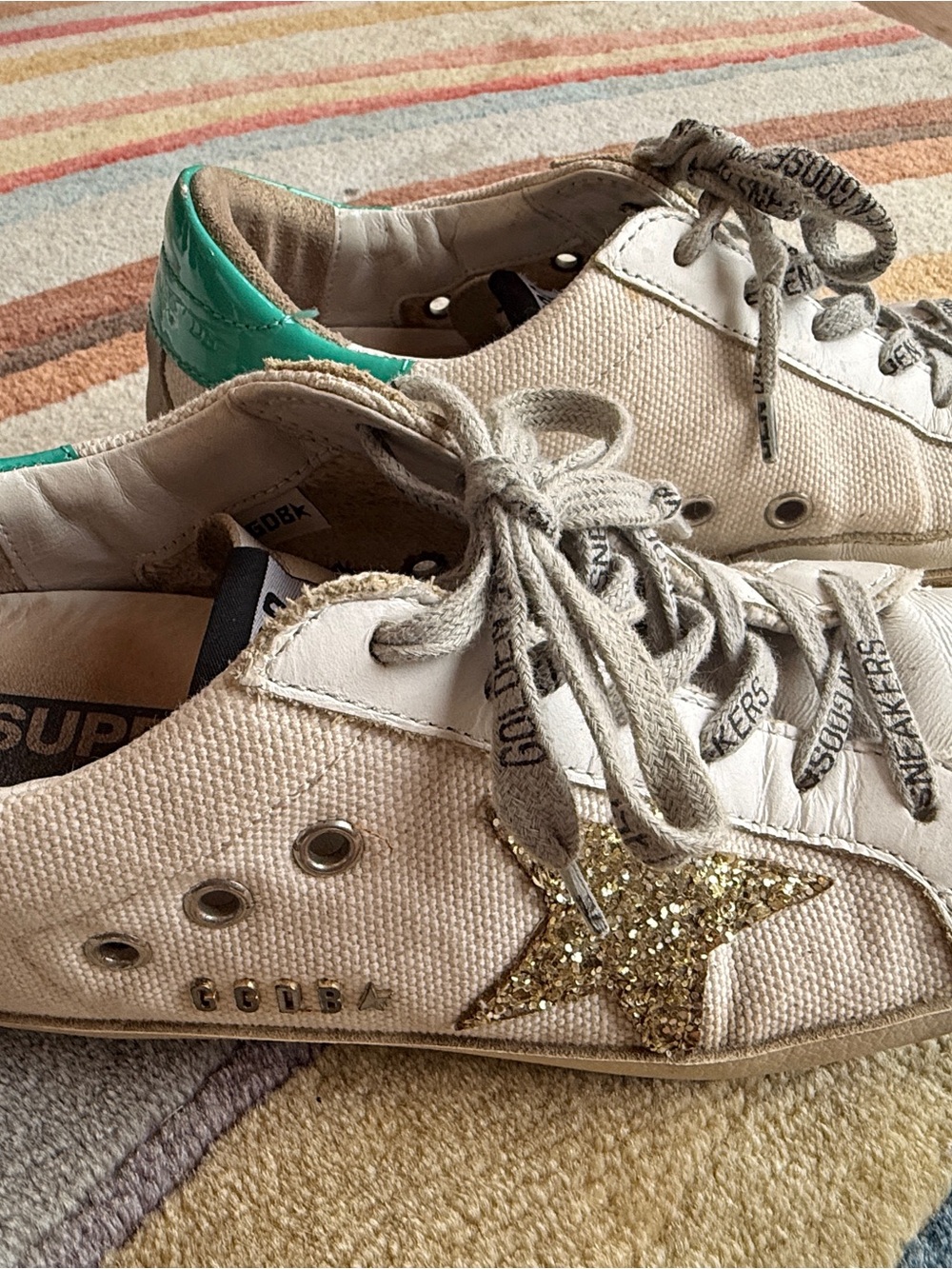 Golden Goose Women White Canvas Sneakers with Gold Star and Green Heel